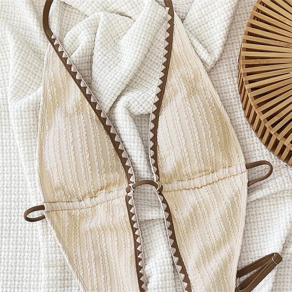 Sexy String Halter Backless Swimwear One Piece Swimsuit Women 2025 Hollow Out Monokini Beige Texture Bathing Swimming Suit Wear Luxlife Brands