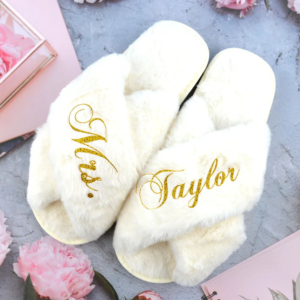Custom Bridesmaid Fluffy Plush Open Toe Slippers Personalized Wedding Cross Flat Slippers for Women Ladies Indoor Shoes Fashion LUXLIFE BRANDS