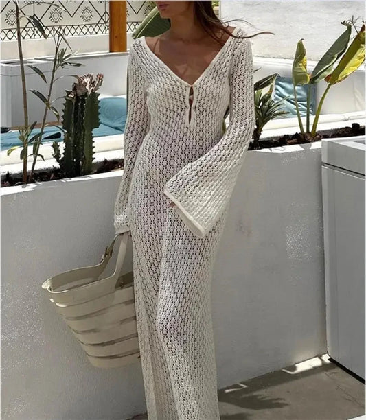 Sexy Women Long Knit Beach Dress Hollow-Out Deep V-Neck Long Sleeve Bikini Cover-Ups Dress Fall Backless Holiday Dress