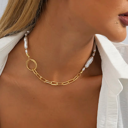 Romantic Trend Niche Irregular Imitation Pearl String Gold Plated O-Chain Splice Necklace Fashion For Women Ball Jewelry Gift