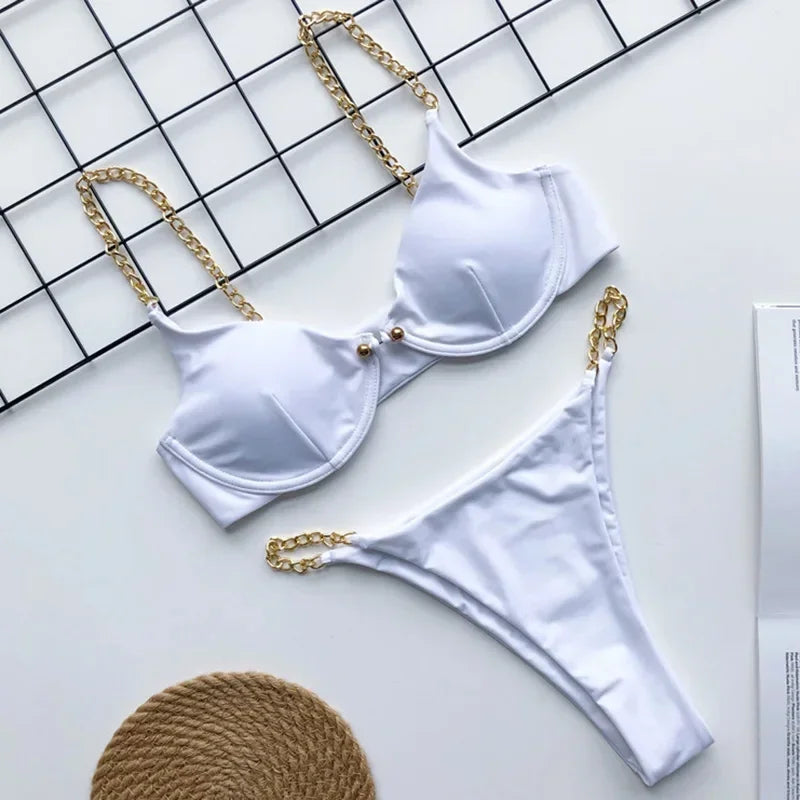 Sexy Metal Chains String High Cut One Piece Swimsuit Women Swimwear Female Monokini Tummy Cut Out Bathing Suit Swim Beach Wear