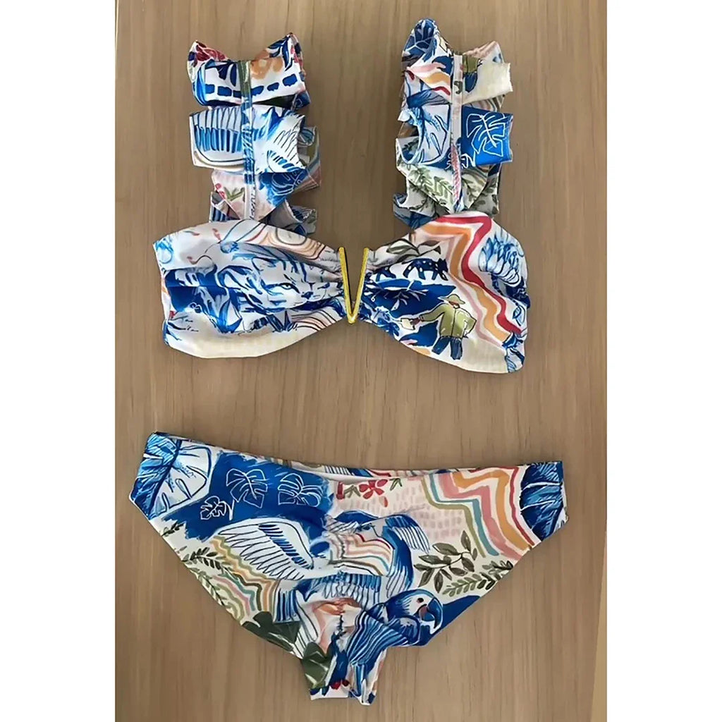 2024 Sexy Bikini Set Women High Waist Classic Off Solid Ruffle Sleeves Swimwear Red Separate Deep V Swimsuit Vintage Beach Set