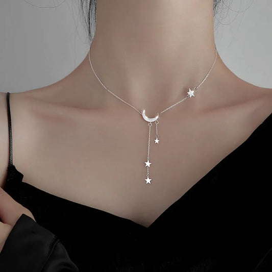 2023 Exquisite Bling Silver Color Tassel Star Moon Necklace For Women Clavicle Chain Woman Jewelry Birthday Gift Accessories LUXLIFE BRANDS