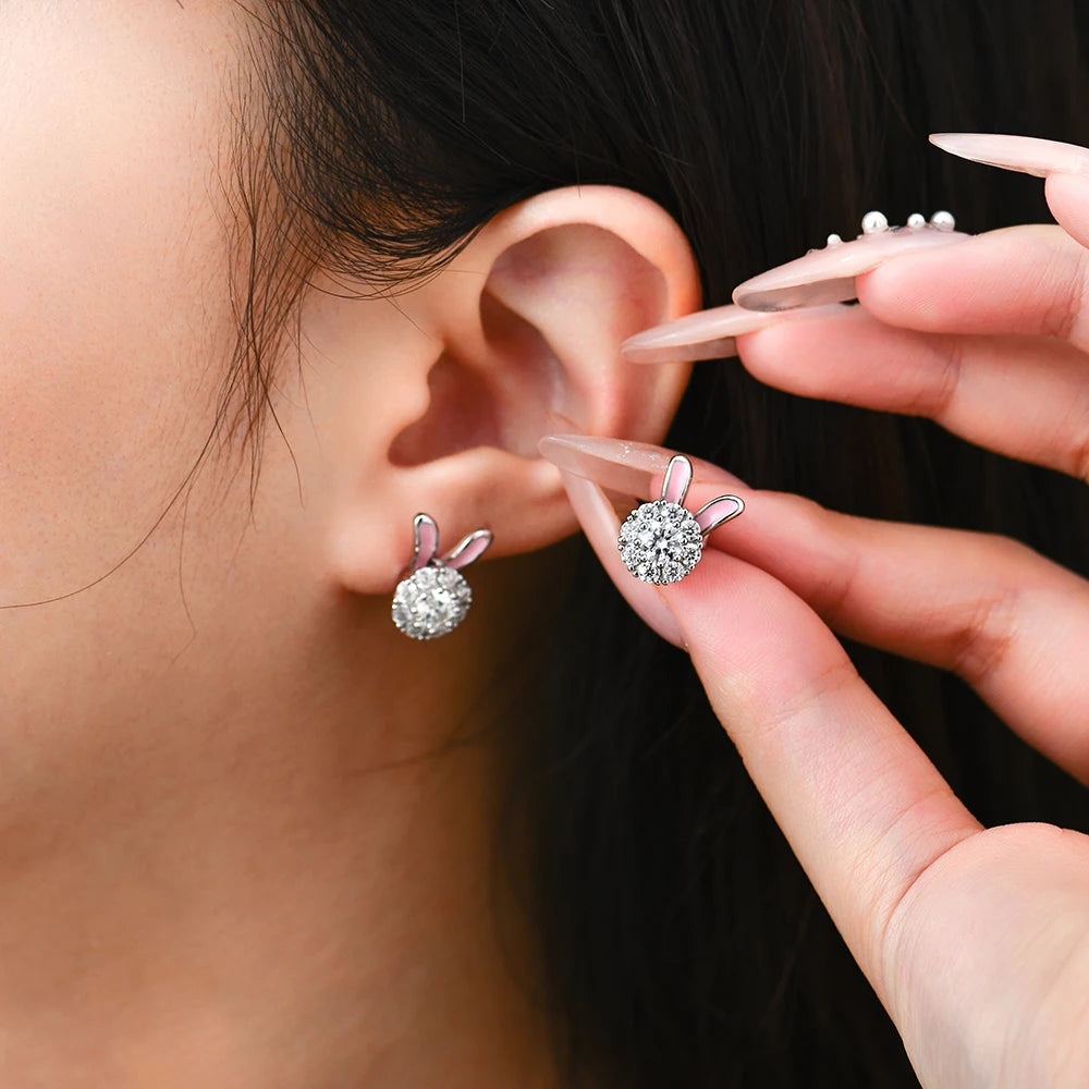 ATTAGEMS S925 Sterling Silver Moissanite Diamond Earrings Enamel Design Rabbit Shape For Women Girls Birthday Gifts Fine Jewelry Luxlife Brands
