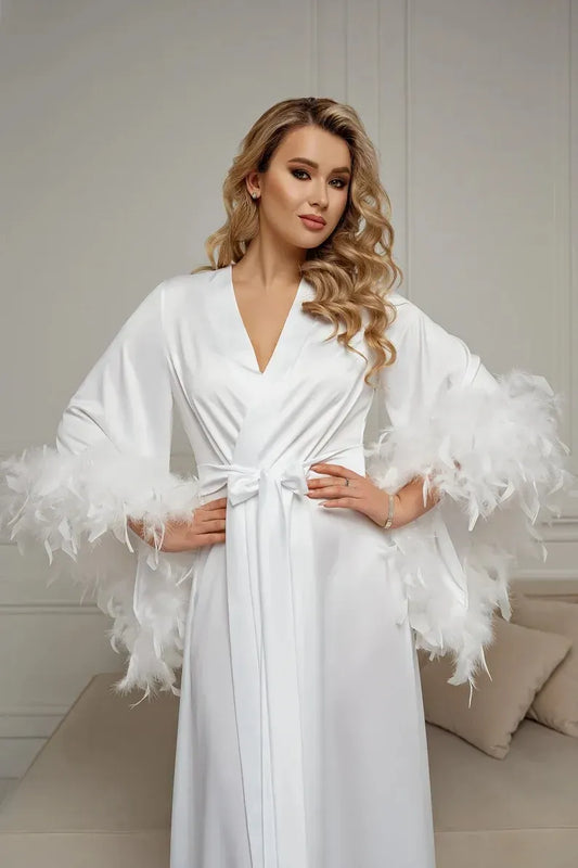 Feather Trim Floor Length Wedding Dressing Gown White Boudoir Satin Kimono Bridal Robes Long Silk Bridesmaid Gift Robe LUXLIFE BRANDS