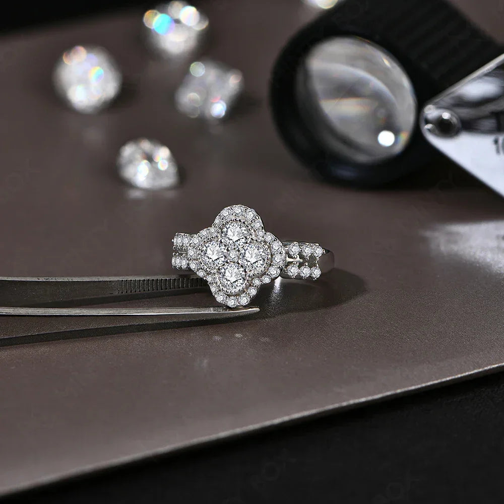 Four Leaf Moissanite 18k White Gold Plated Diamond Ring