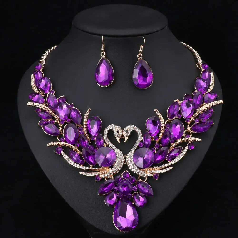 Crystal Bridal Jewelry Sets Gold Color Swan Pendant Necklace Women Gift Party Wedding Prom Necklace Earring Accessories LUXLIFE BRANDS