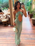 Sexy Knit Halter Neck Cut Out Beach Maxi Dress 2025 Summer Swimsuit Cover Up Women's Solid Colour Vacation Party Outfit K232 Luxlife Brands