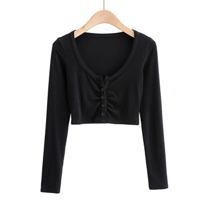 Slim V-neck Long Sleeve Bottomed Womens Tops And Blouses High Street Solid Color Open Navel Cardigan U4WF