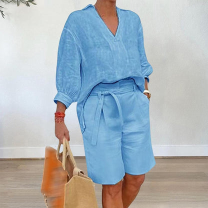 Spring Summer Solid Cotton Linen Outfit Women Sexy V Neck Half Sleeve T-shirt and Belted Shorts Set Vintage Solid Two Piece Suit