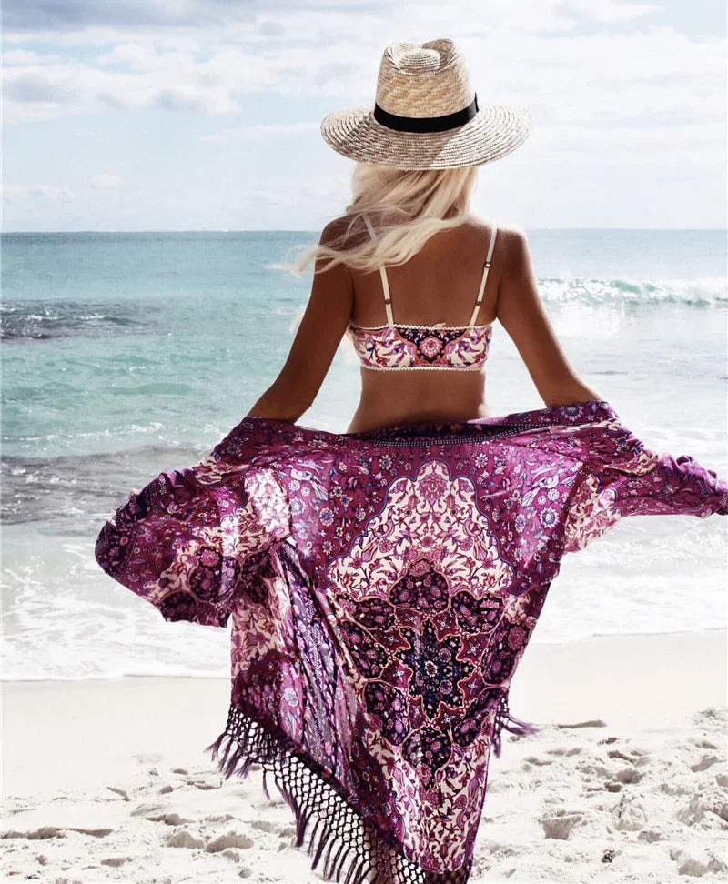 Happie Queens Women Floral Print Long Sleeve Beach Bohemian Maxi Dress Ladies V-neck Loose Chiffon Boho Kimono Cover-ups