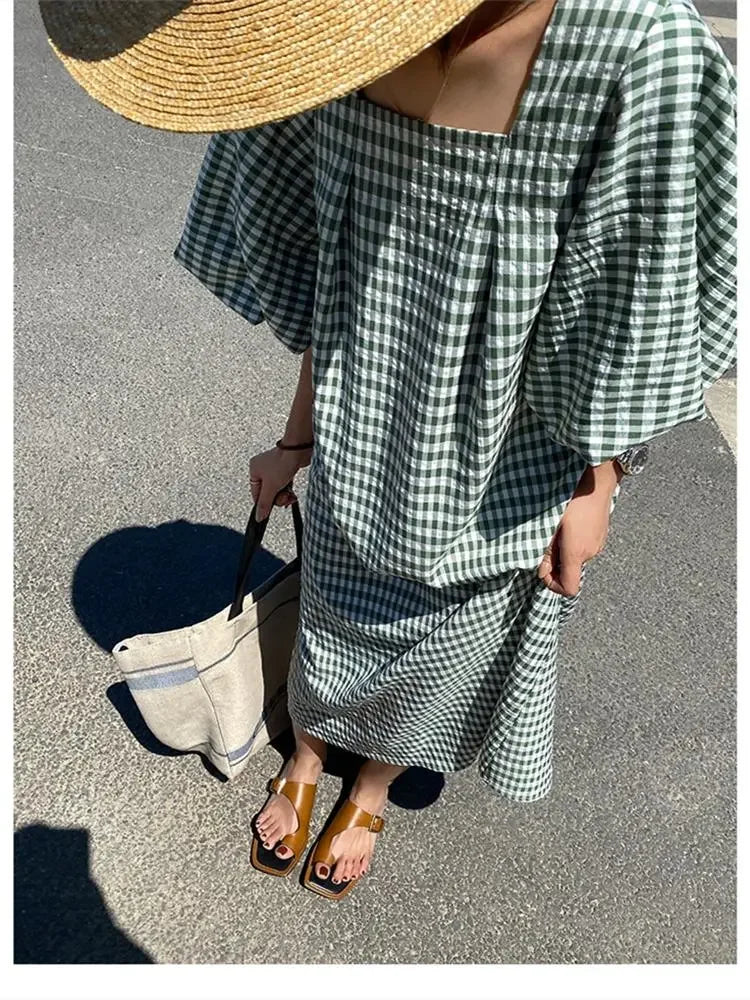 Fashion Square Neck Plaid Puff Sleeve Loose Casual Dress Summer Women Korean Ladies Chic 2023 New Dresses Elegant Woman Dress