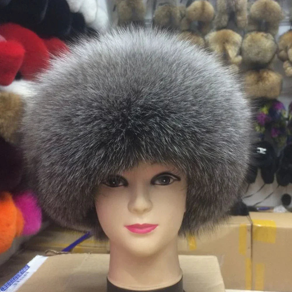 Real Fox Fur Hat for Women with Leather Top Mongolian Princess Hat with Pompom Winter Warm beanie Russian Cap Bonnets for Women LUXLIFE BRANDS