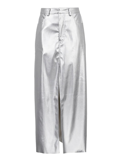 Silver High Waist Pencil Maxi Skirt