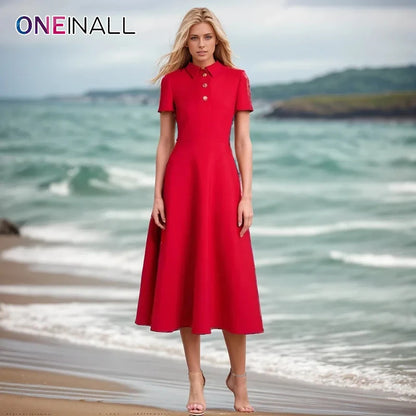 ONEINALL Solid Slimming Elegant Long Dresses For Women Lapel Short Sleeve High Waist Patchwork Button Temperament Dress Female