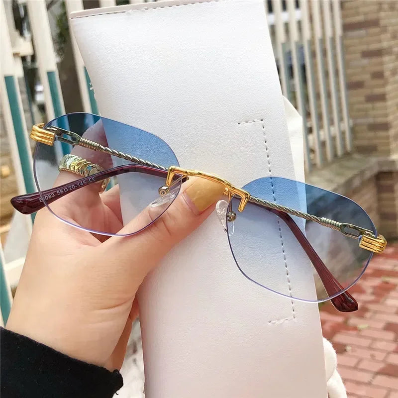 Frameless Gold Metal Ladies Sunglasses Rimless Gradient Lens Blue Fashion Sun Glasses For Men Uv400 Summer 2023