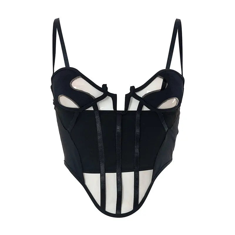 Mesh Line Patchwork See Through Corset Tops Women Spaghetti Straps Sleeveless Backless Bodycon Clothes Female Club StreetWear