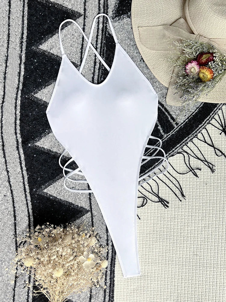 2024 New Sexy Thong One Piece Swimsuit For Women High Cut Swimwear Female Bandage Backless Bathing Suit Beachwear Monokini Swim