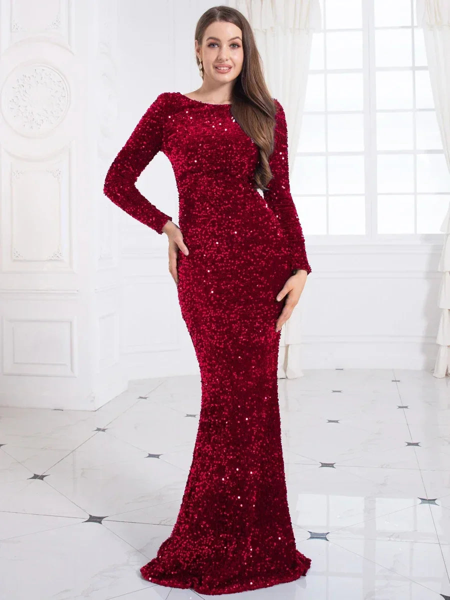 Kisscc Royal Blue Stretch Sequin Floor Length Evening Night Dress Full Sleeve Bodycon Black Mermaid Party Dress Luxlife Brands