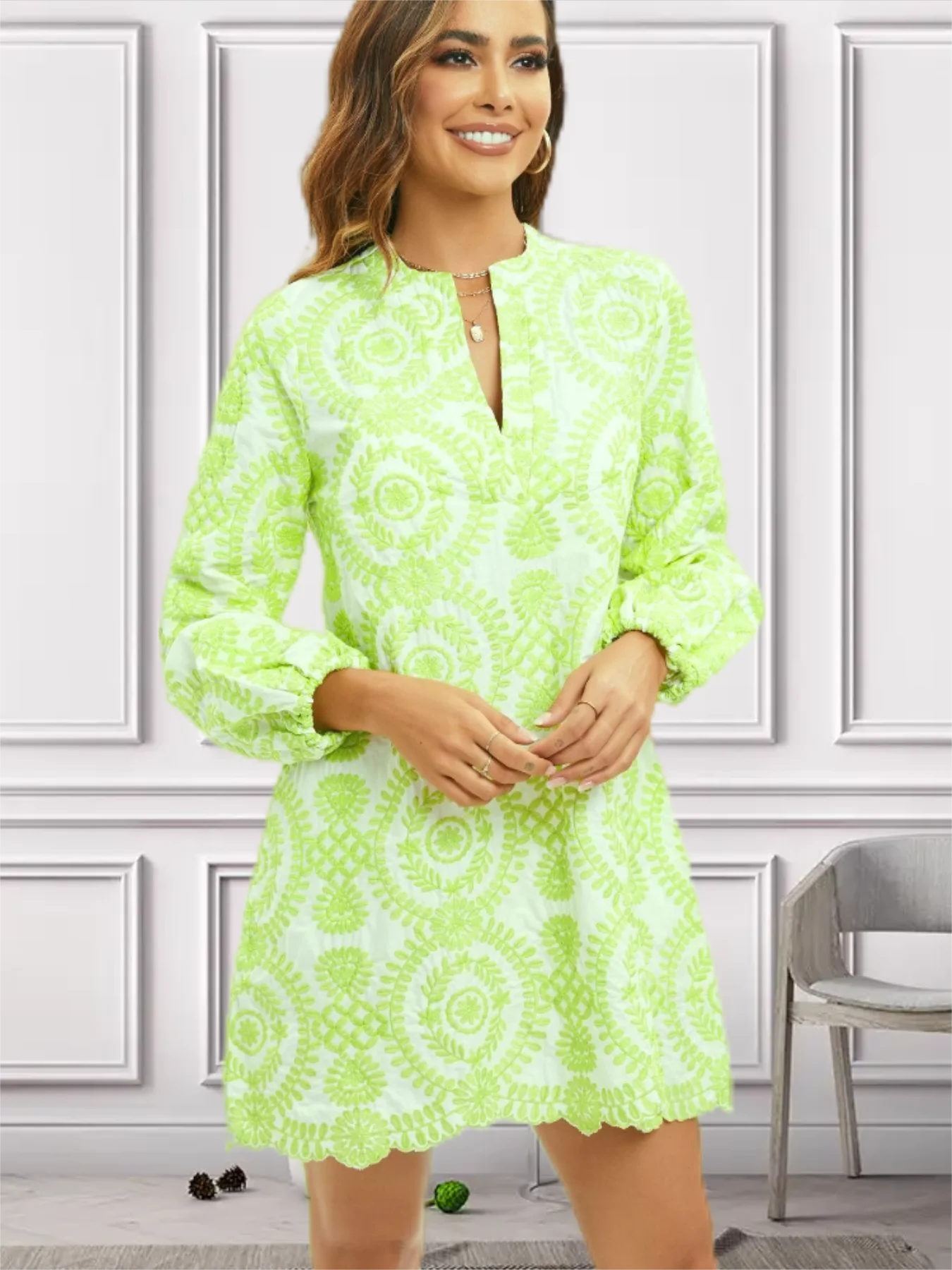 Loose Women Dress With Stylish Embroidery Full Sleeve V-neck Above Knee Feminino Vestidos LUXLIFE BRANDS