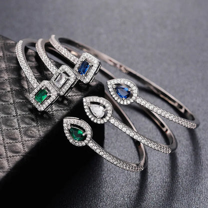 Huitan Luxury Green/White/Blue Cubic Zirconia Cuff Bracelet Bangle for Women Good Quality Female Hand Jewelry 2022 Drop Shipping LUXLIFE BRANDS