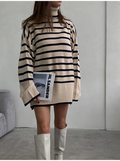 Striped Side Split Knitted Pullovers For Women Vintage Casual Flare Sleeve O-Neck Jumpers 2023 Loose Autumn Winter Warm Sweaters LUXLIFE BRANDS