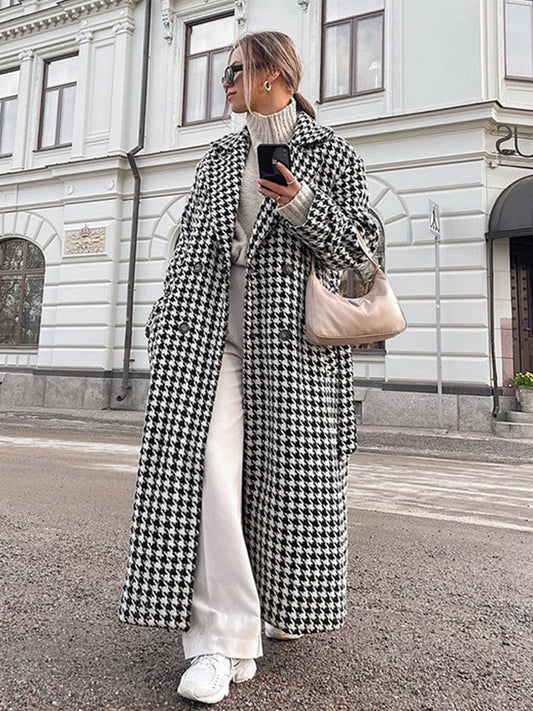 Aynaray 2023 Autumn Winter Women Houndstooth Plaid Woolen Coat Loose Lapel Long Sleeve Classic Warm Overcoat