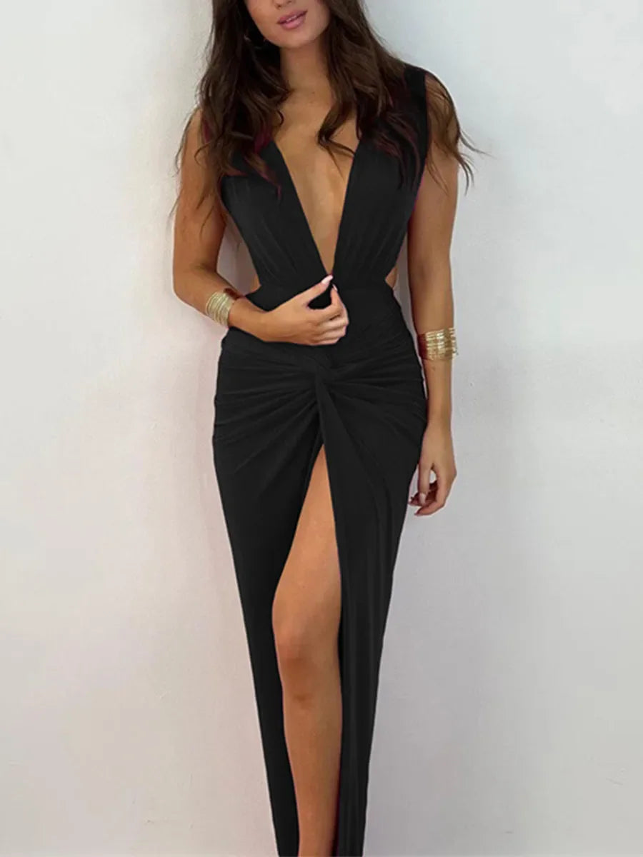 Fashion Backless Wrapped Slit Bodycon Dress for Women Summer Elegant Fashion Sleeveless Deep V Neck Twist Ruched Long Tank Dress LUXLIFE BRANDS