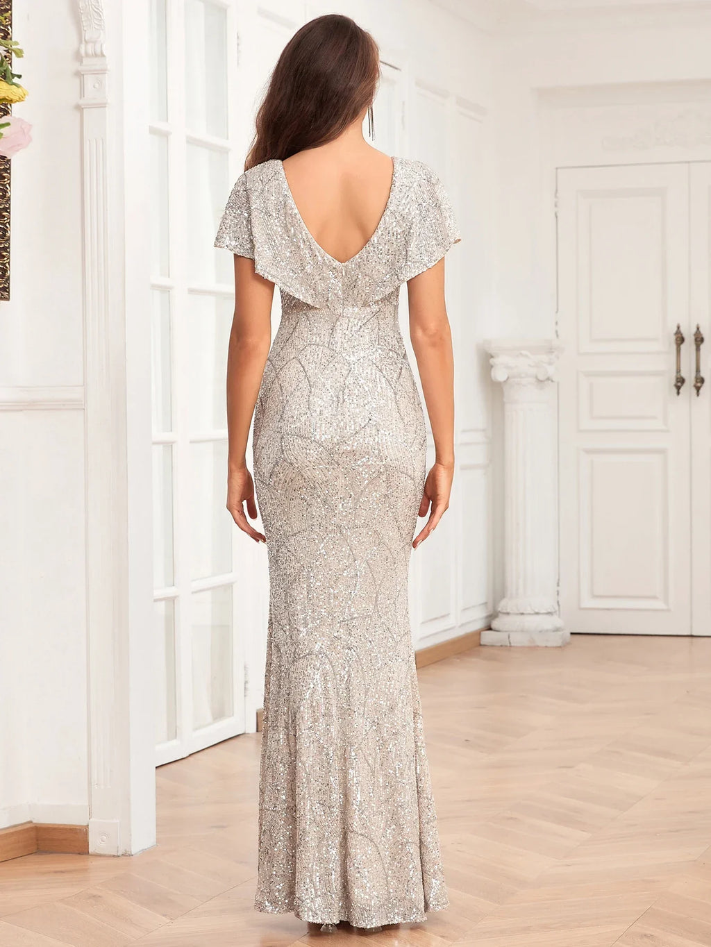 New Butterfly Sleeve Evening Gown Double V Neck Fully Lined Mermaid Wedding Dress Sequined Floor-length Dress LUXLIFE BRANDS