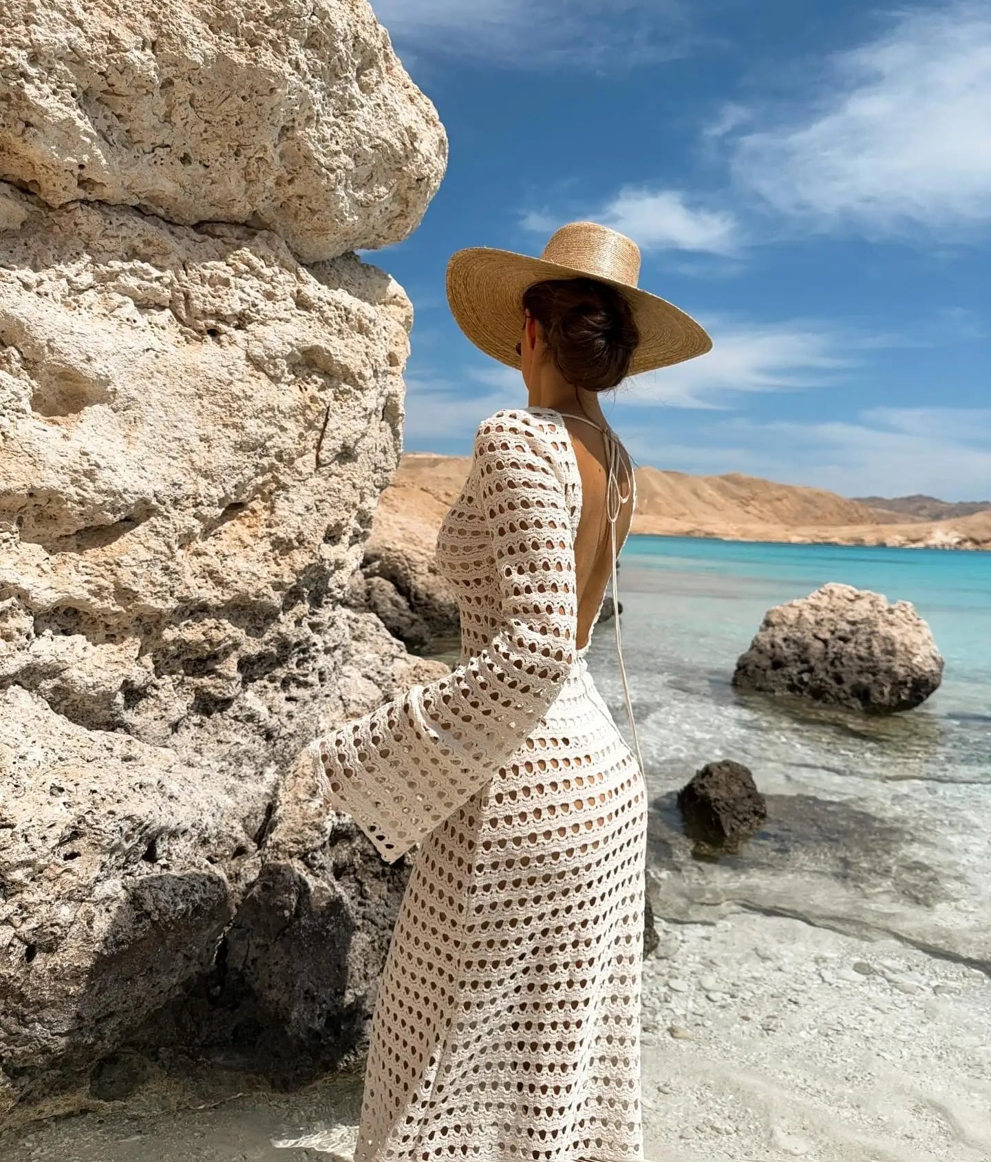 Sexy Knit Mesh Backless Long Bell Sleeve Beach Maxi Dress 2025 Women's Summer Slim Outfits Vacation Swimsuit Cover Up Tunic K205 Luxlife Brands