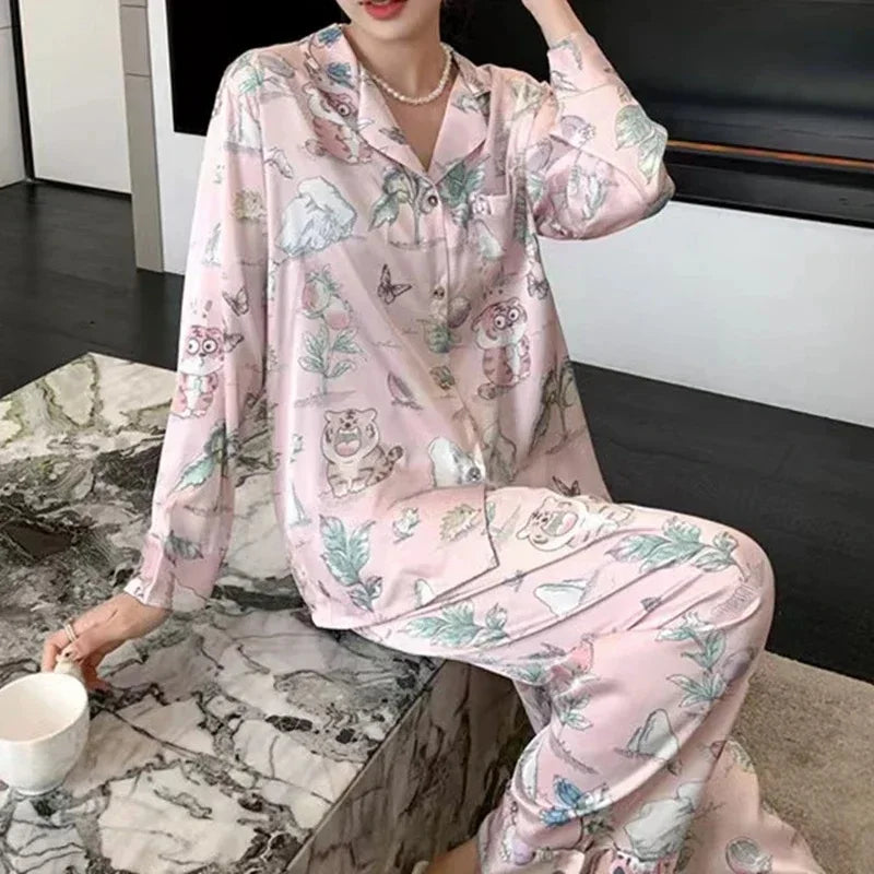 Cute Dog Printed Pajamas for Women's Spring and Autumn New Lazy Style Sweet Homewear Silk Pajamas for Women Sleepwear