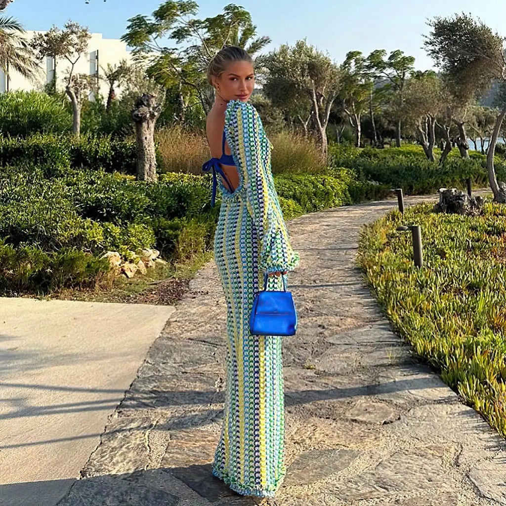 Sexy Backless Flare Sleeve Lace Knit Cut Out Party Beach Maxi Dress 2025 Summer Women Vacation Beachwear Swimsuit Cover Up A2815 Luxlife Brands