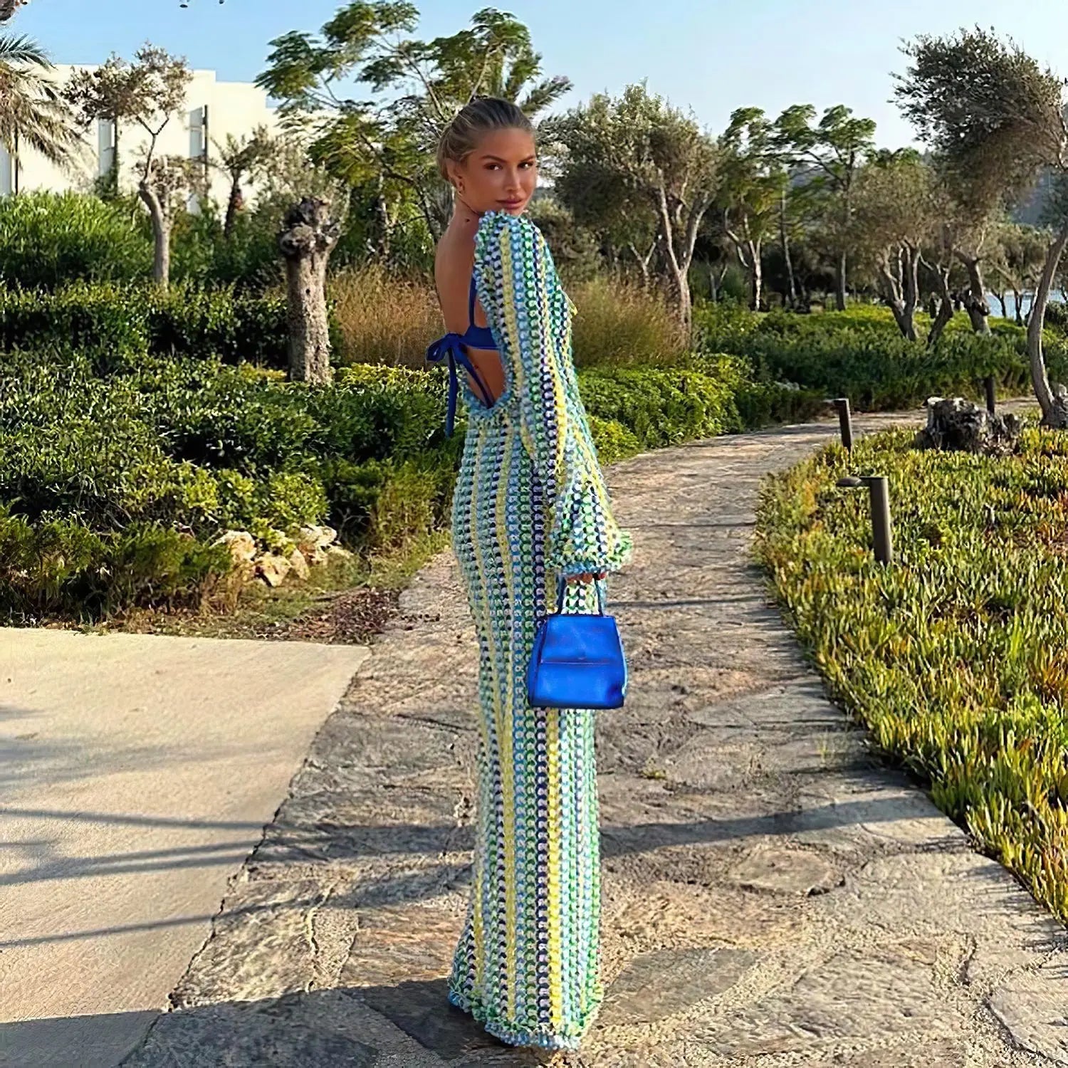 Sexy Backless Flare Sleeve Lace Knit Cut Out Party Beach Maxi Dress 2025 Summer Women Vacation Beachwear Swimsuit Cover Up A2815 Luxlife Brands