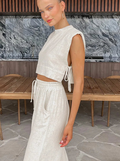 Spring Summer 2023 Women Holiday Linen Pant Set Crop Tops Solid Outfits 2 Two Piece Matching Set For Women