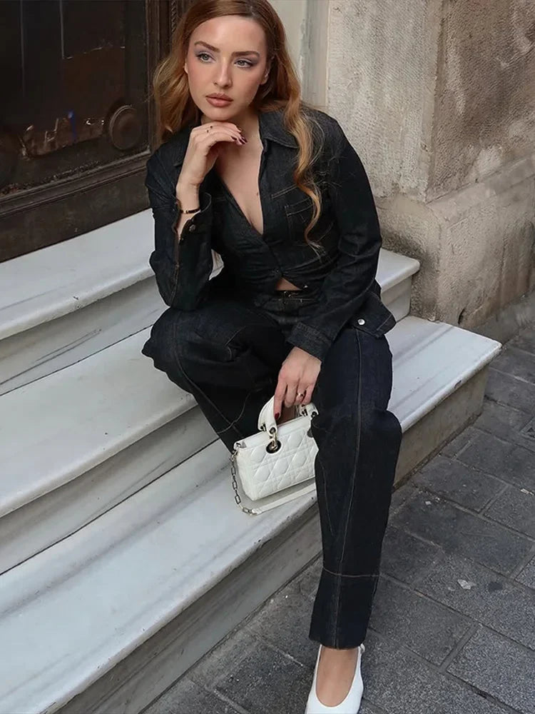 Street Vintage Denim Pants Sets Women Slim Long Sleeve Lapel Single Breasted Jacket Straight Trousers 2025 Spring Lady Outfits
