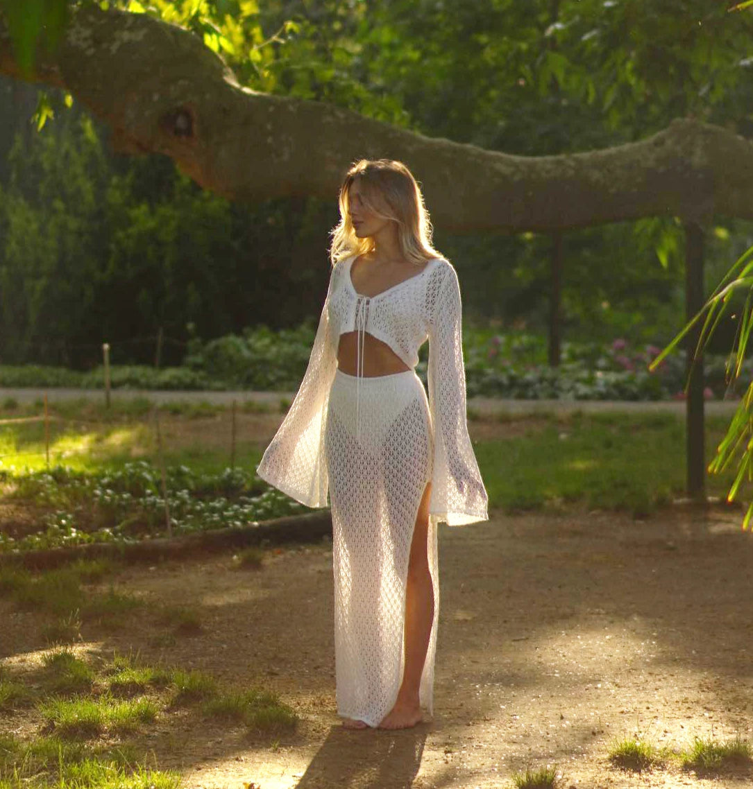 Sexy Knit Set White Cut Out Swimsuit Cover Up 2025 Women's Summer Bell Sleeve Lace-up Loose Top Beach Half Skirt Two-piece K136 Luxlife Brands