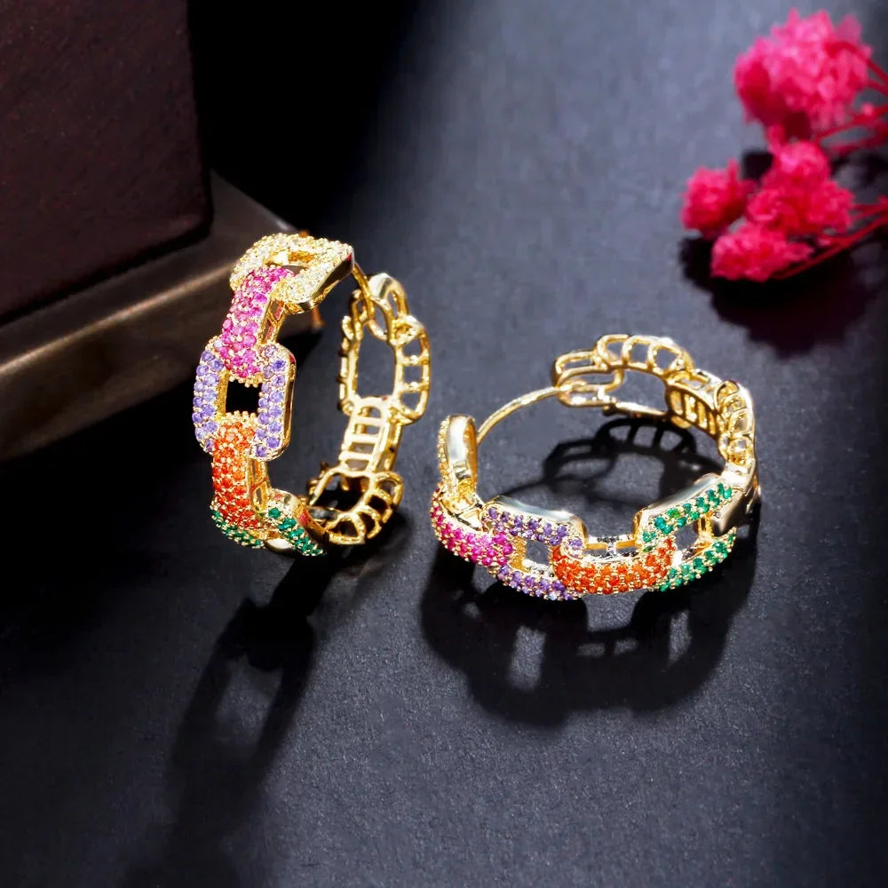 CWWZircons New Trendy Colorful Micro Pave CZ Stones Gold Plated Geometric Cuban Chain Link Hoop Earrings for Women Jewelry CZ345 LUXLIFE BRANDS