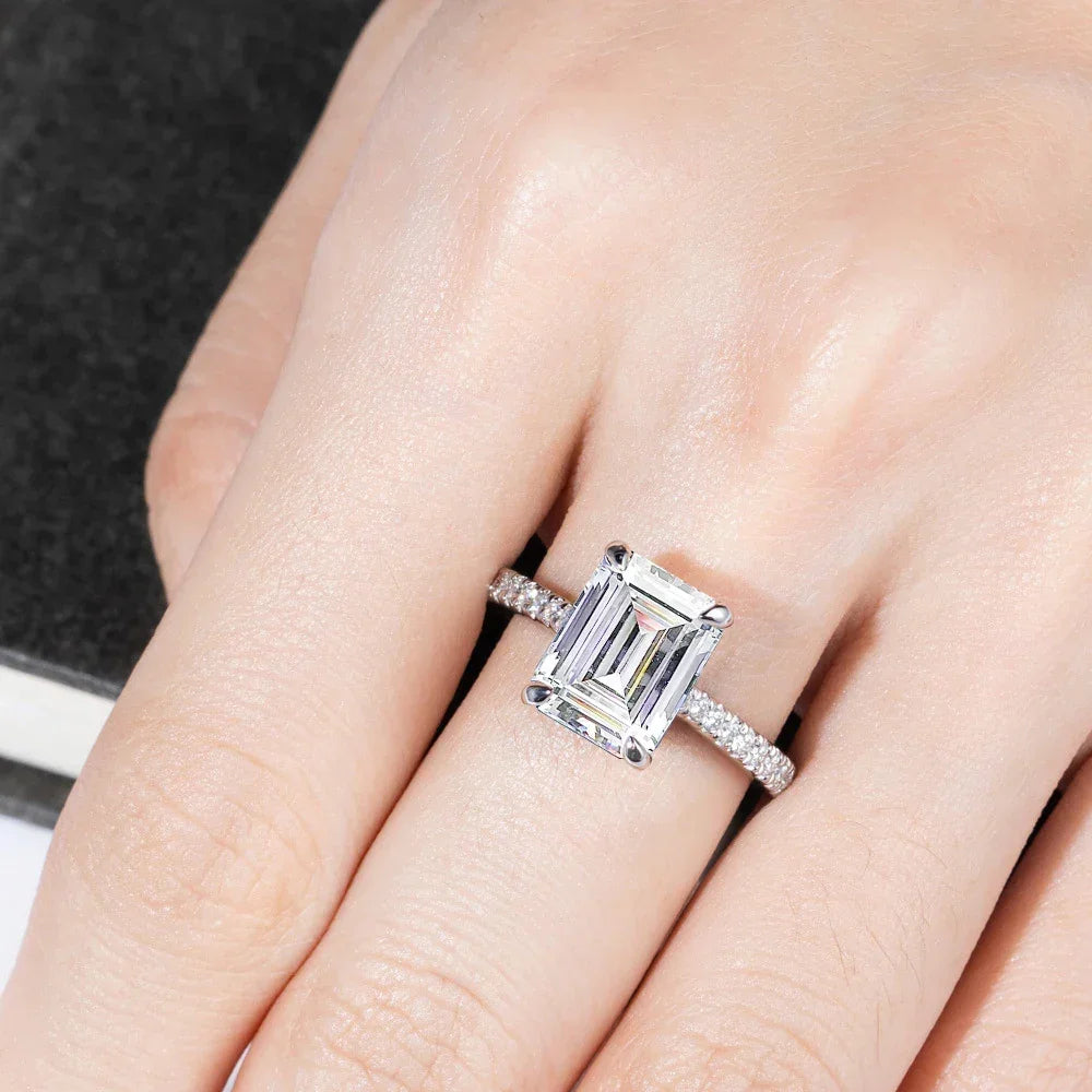 Emerald/Radiant Cut Real Full Moissanite Ring for Women 8*10mm D Color Diamond 925 Sterling Silver Wedding Band with Certificate Luxlife Brands