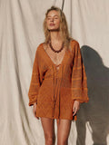 Sexy Deep V-neck Lace-up Bell Sleeve Knit Mesh Hollow Out Beach Mini Dress 2025 Summer Swimsuit Cover Up Women Casual Tunic K14 Luxlife Brands
