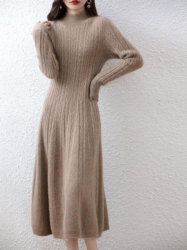 Elegant Fashion Dresses Cashmere Sweater Knitted Long Dress 100% Merino Wool Women Turtleneck Office Skirt Autumn Winter Clothes LUXLIFE BRANDS
