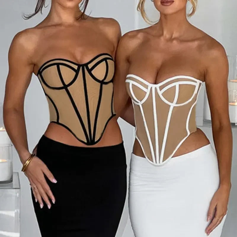 Sexy Slim Line Patchwork Sleeveless Corset Tops Women Backless Slight Stretch Summer 2023 Strapless Clothes Female Club Wear