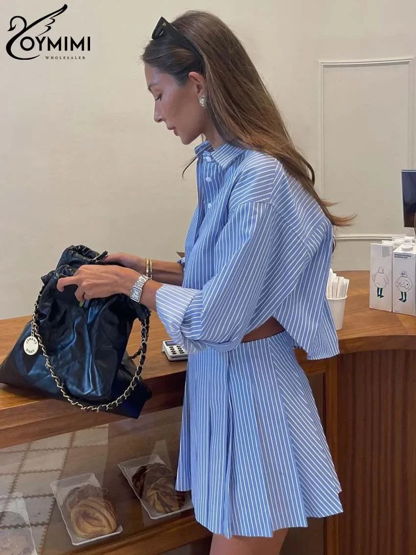 Oymimi Elegant Blue Striped Print Sets For Women 2 Pieces Fashion Long Sleeve Button Crop Tops And High Waist Pleated Skirts Set Luxlife Brands