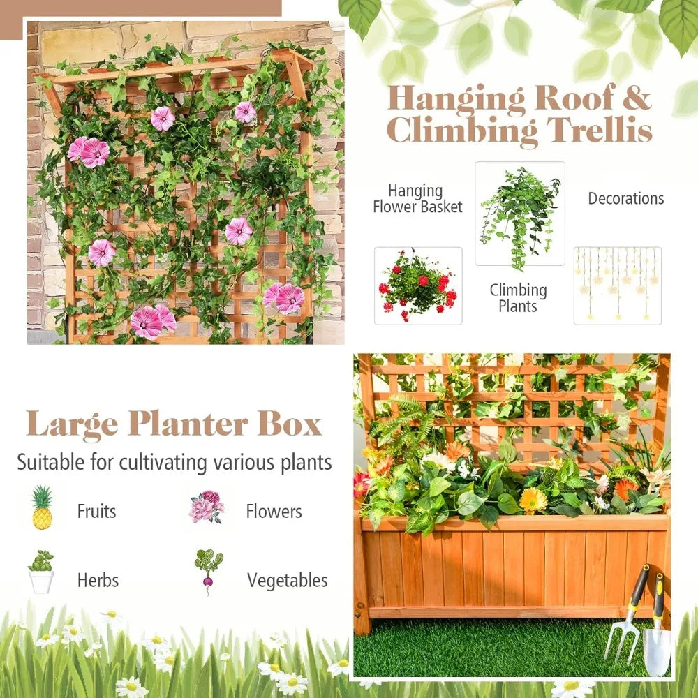 Planter with Trellis Set of 2,  Wood Planter Box with Lattice Trellis & Hanging Roof, Removable Base