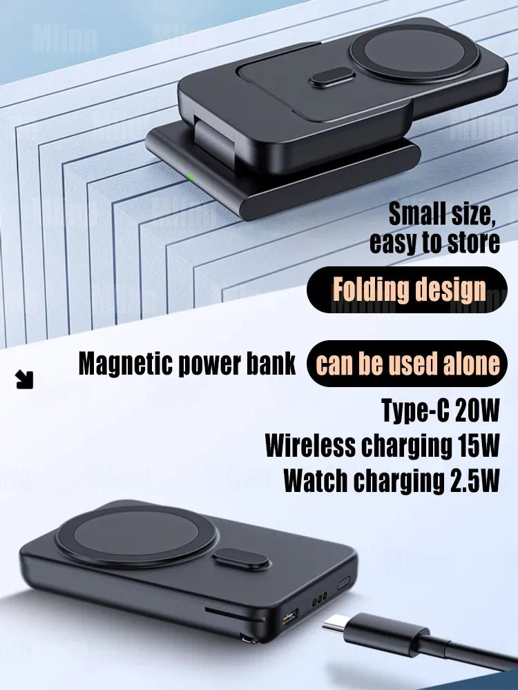 MacSafe 3 in 1 Magnetic Power Bank Wireless Charging Station 5000mAh External Auxiliary Battery For iPhone 15 14 12 Apple Watch LUXLIFE BRANDS