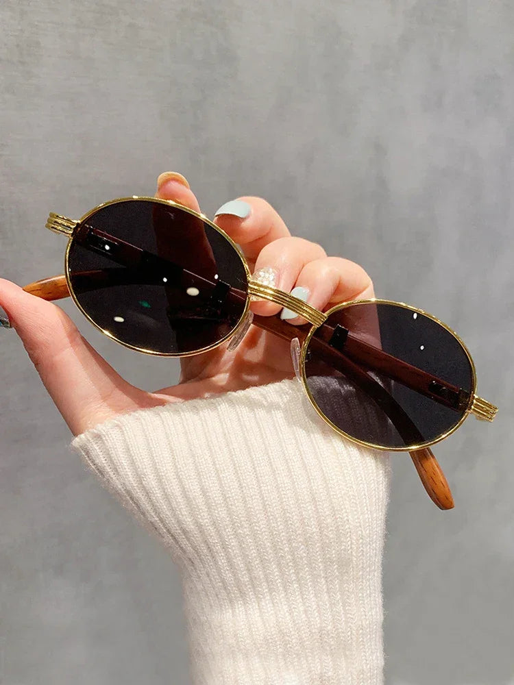 New Fashion Oval Sunglasses Men UV400 Sun Glasses Women Vintage Brand Designer Eyewear Imitation Wood Grain Sunglass