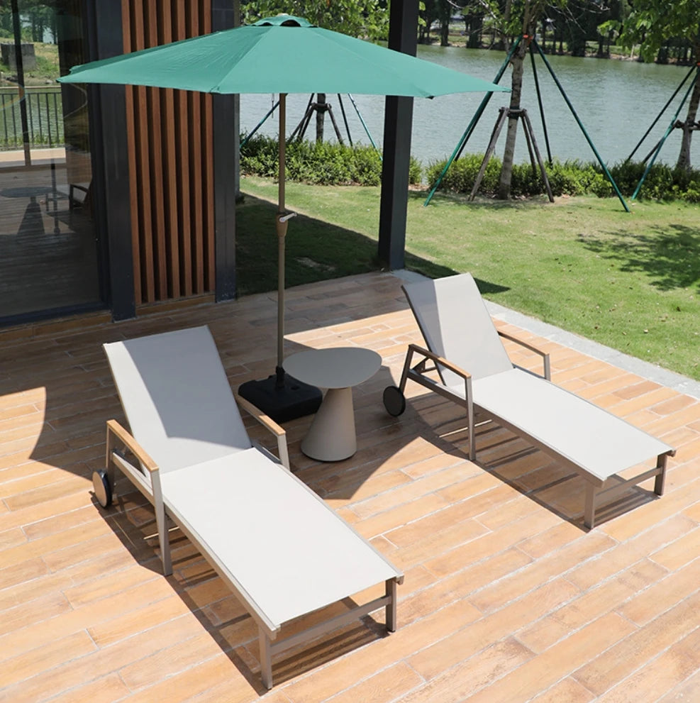 Outdoor Poolside Sun Lounger Set With Adjustable Reclining Comfortable And Durable Chaise Lounge With Armrests And Side Table