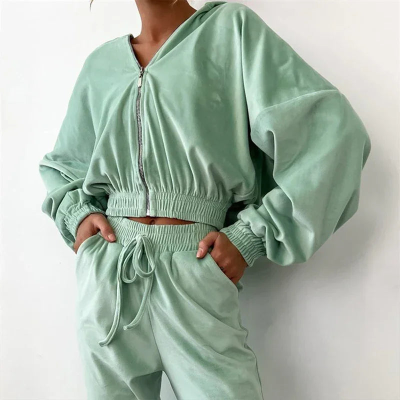 Women's Fall and Winter 2024 hot fashion set zipper hoodie Drawstring Tracksuit Trouser Solid color Two-piece set