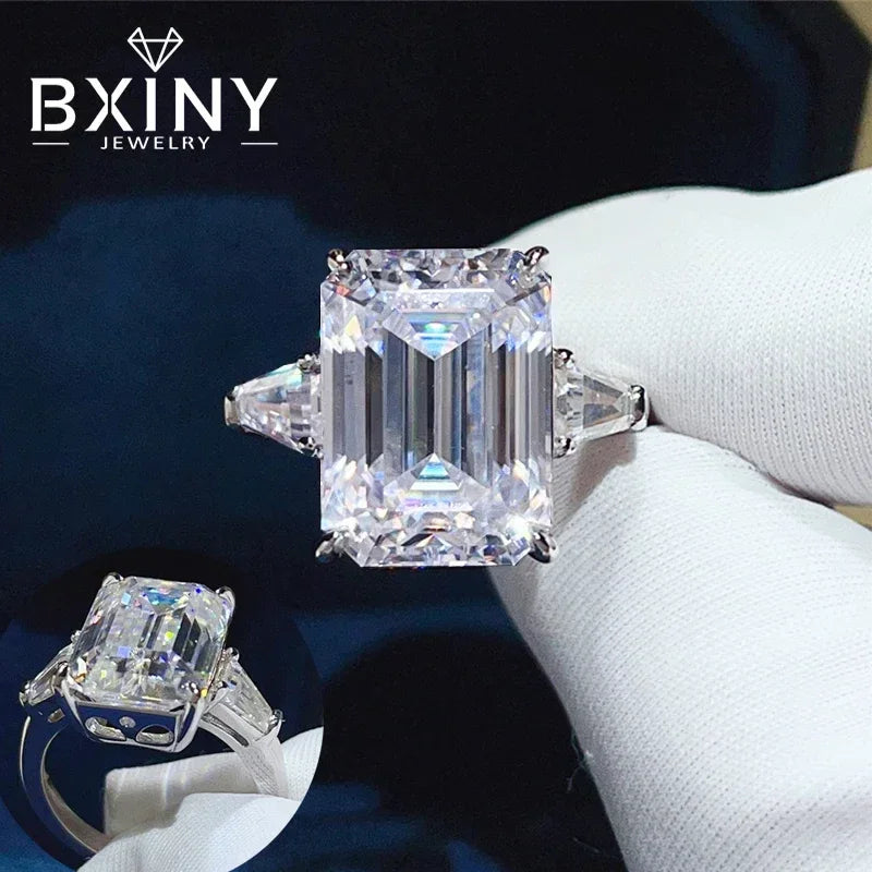 BXINY 5/10CT Emerald Cut All Moissanite Rings S925 Silver Baguette 3-Stone Diamond Women Men GRA Certified Wedding Bands Jewelry