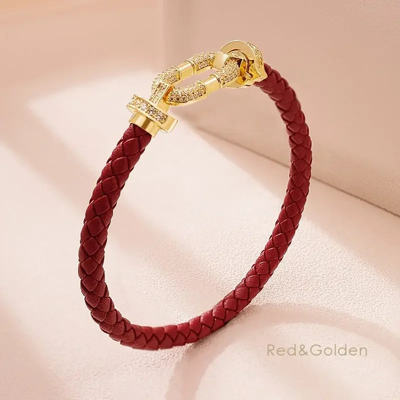 MOONLIGHT Women's Trendy Round Metal Brand Genuine Braided Leather Bracelet Cubic Zirconia Bracelet Female Jewelry Accessories