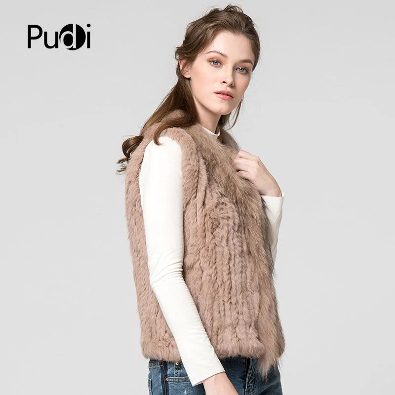 VT7008 Womens Natural Real Rabbit Fur Vest With Raccoon Fur Collar Waistcoat/jackets Rabbit Knitted Winter